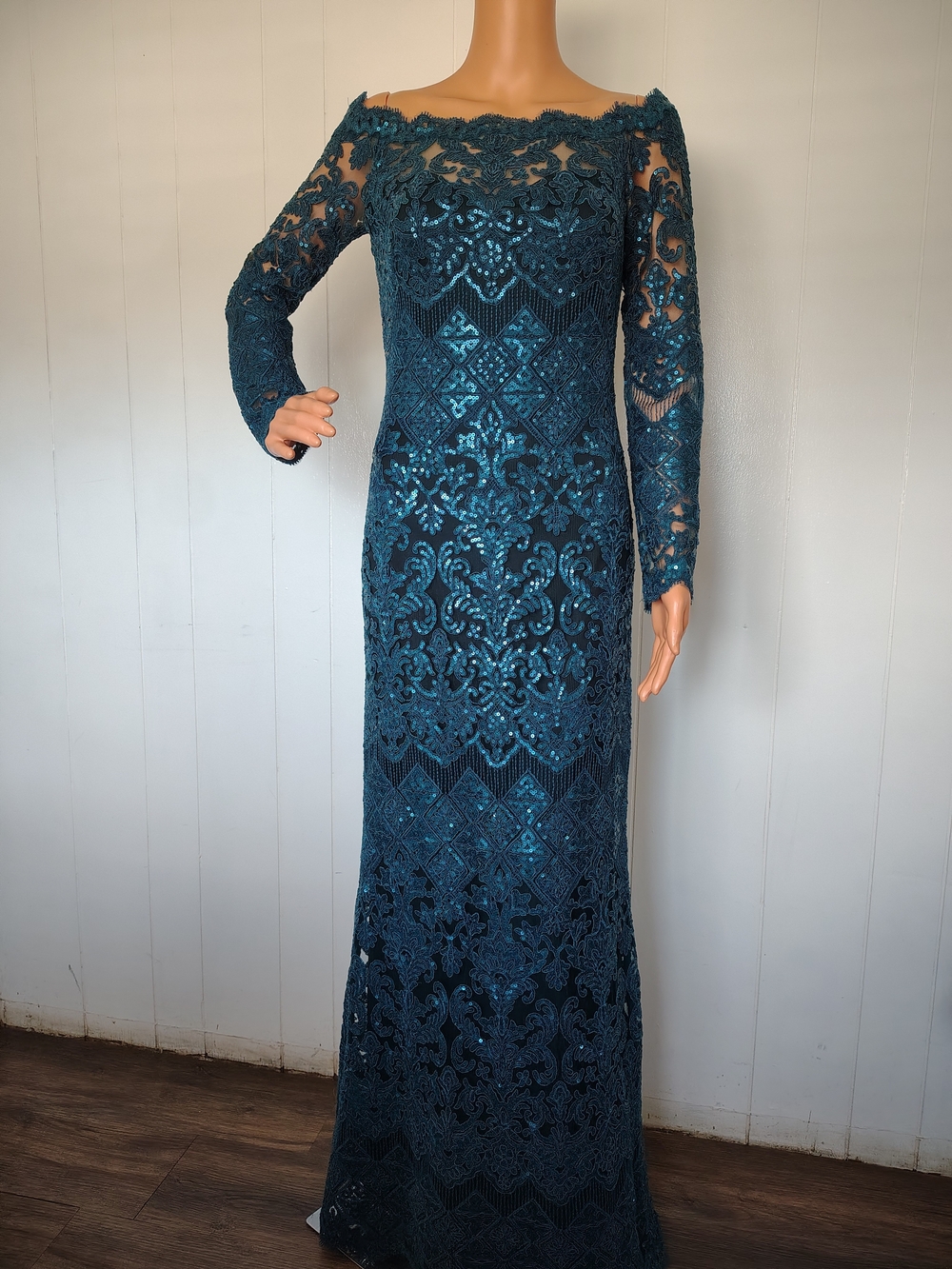 Tadashi Shoji Eve Sequin Lace Gown Size 4 Off Shoulder Long Sleeve Teal Blue...